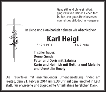 Traueranzeige von Karl Heigl von Pegnitz-Zeitung